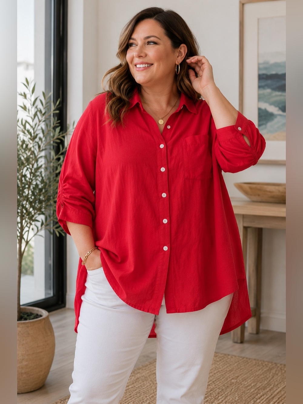 Soft Surroundings 3X Coral Linen Blend Button Front Tunic Back Zip High Low Top